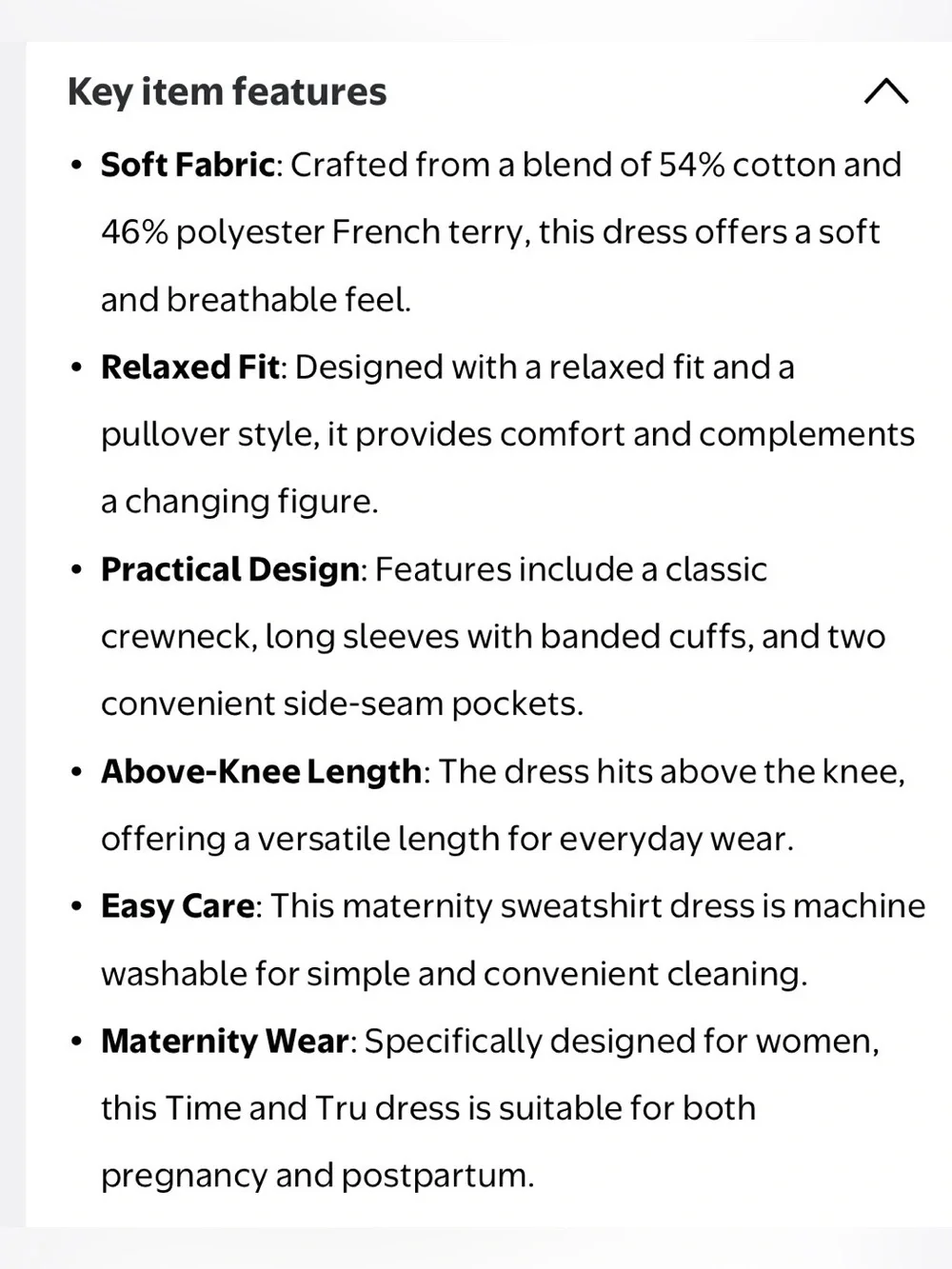 NWT Time and Tru Women's Maternity French Terry Sweatshirt Pocket Dress sz M